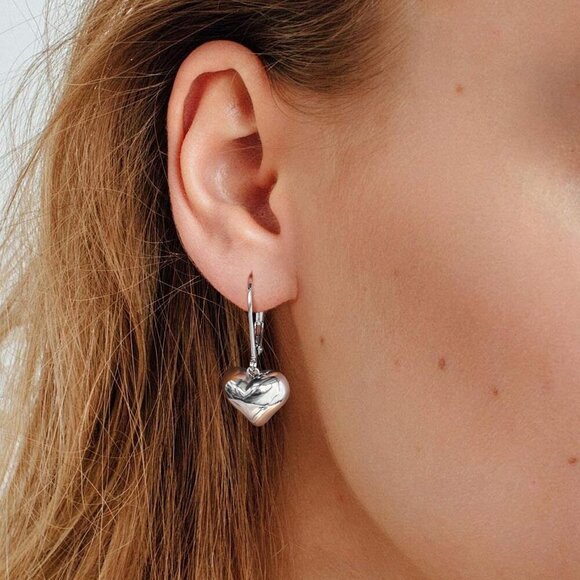 Silver Puffed Heart Leverback Dangle Drop Hypoallergenic Earring for Women - Picture 3 of 7